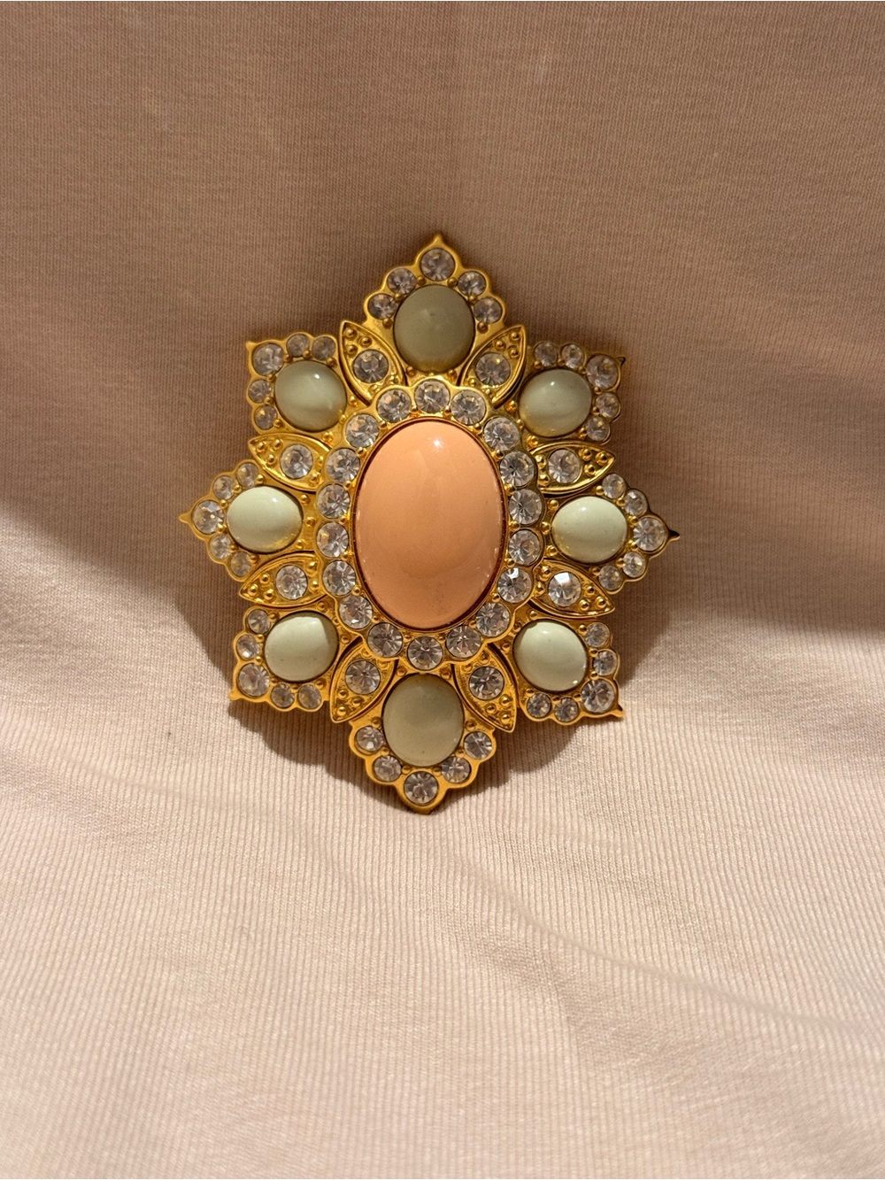 Vintage Joan Rivers  Statement Brooch with Peach Cabochon and Mint accents